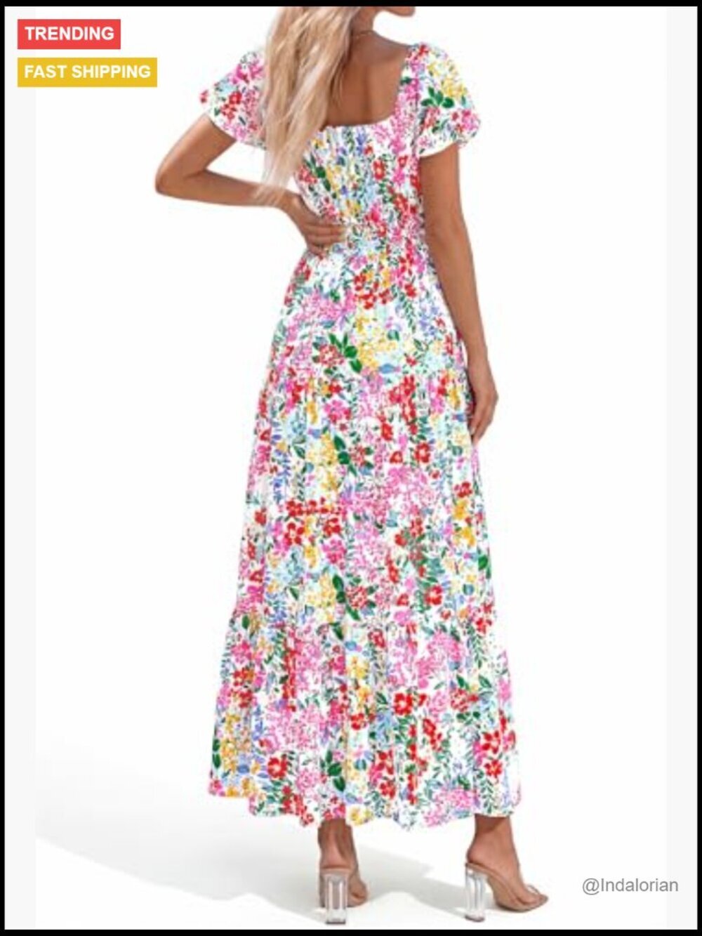 Polyester Maxi Dress with Puff Sleeves Square Neck Smocked Tiered Pockets - Picture 3 of 7